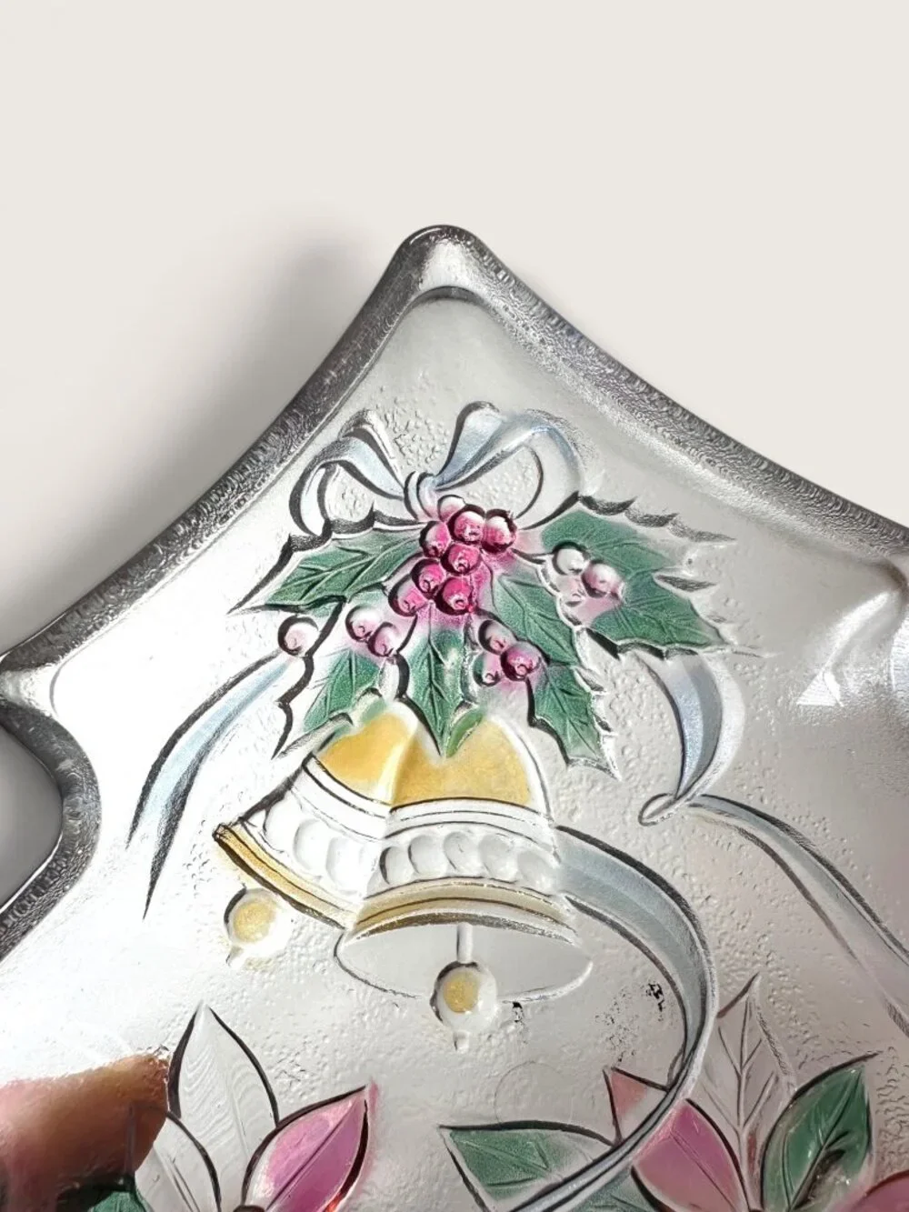 Christmas Tree-Shaped Glass Serving Dish With Hand-Painted Bells & Poinsettias H